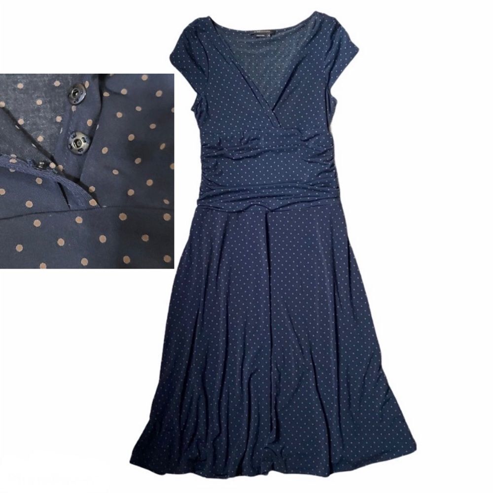 BCBGMaxAzria Navy Tan Polkadot Swing Dress Women’s Small Midi Tea Length